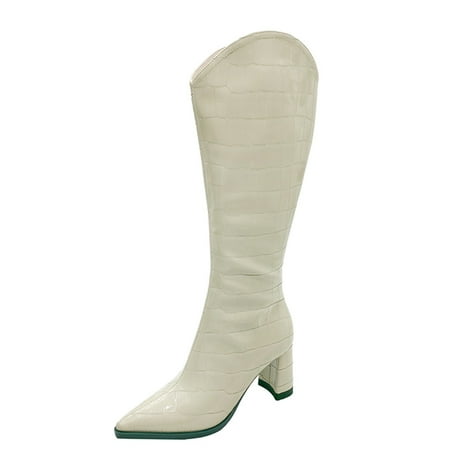 

Sentuca Women s High-heeled Knight Boots Pointed Side Zipper Pattern Wedge Leather Boots