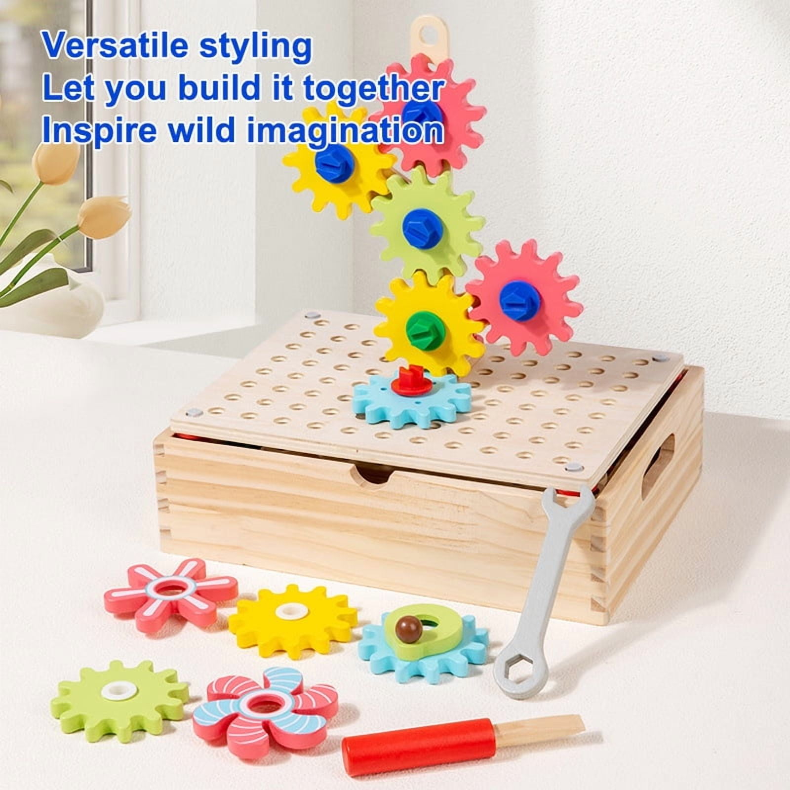 Wooden Nut & Gear Building Blocks, 3D Puzzle Assembly STEM Toy for Kids, Learning Tools Imagination, Birthday Christmas Gift, with Wrench