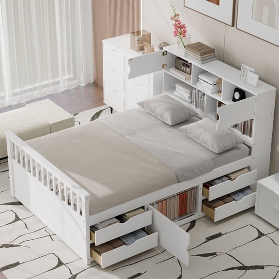 Full Size Captain Platform Bed Frame - 4 Drawers with Storage Bookcases & Shelves for Bedroom,White