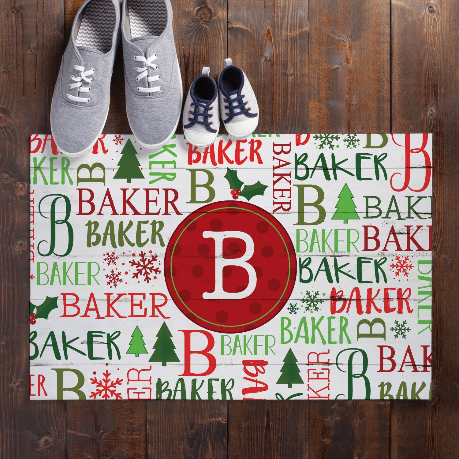 Personalized Planet 27x18 Holiday Family Name & Initial Christmas Doormat with Custom Personalization Printed on White Rectangular 1/4” Thick Non Slip Mat for Kitchen Hallway Deck or Porch