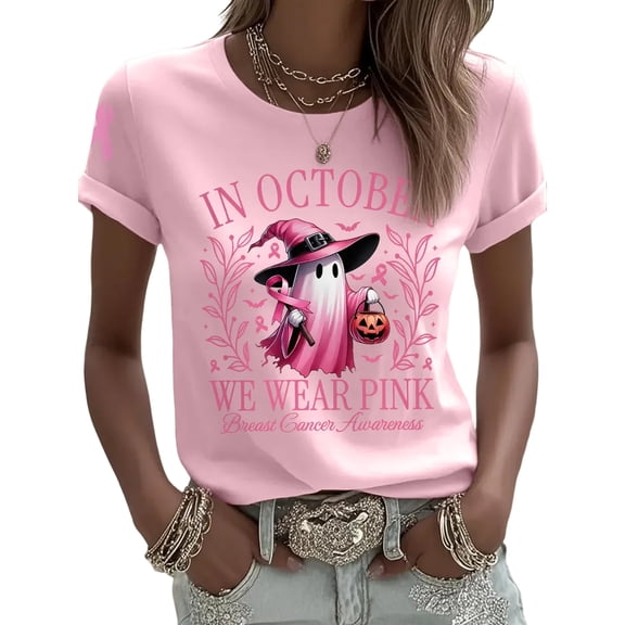 JULMCOMO Breast Cancer Shirts for Women Crew Neck Breast Cancer Awareness Pink Ribbon Casual Tshirts Rolled Short Sleeve Loose Cute Graphic Tees Pink M