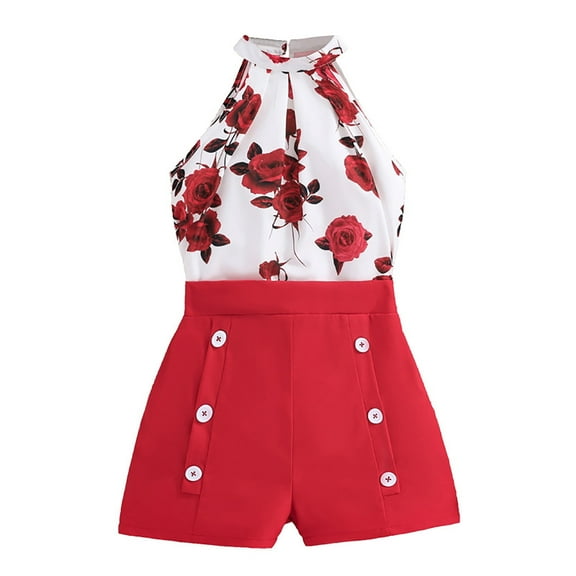 Gerichy Kid Girls Clothes Big Girls Rose Print Halter Summer Sleeveless Tops Elastic Fashion Shorts 2Pcs Outfits 7-12 Years