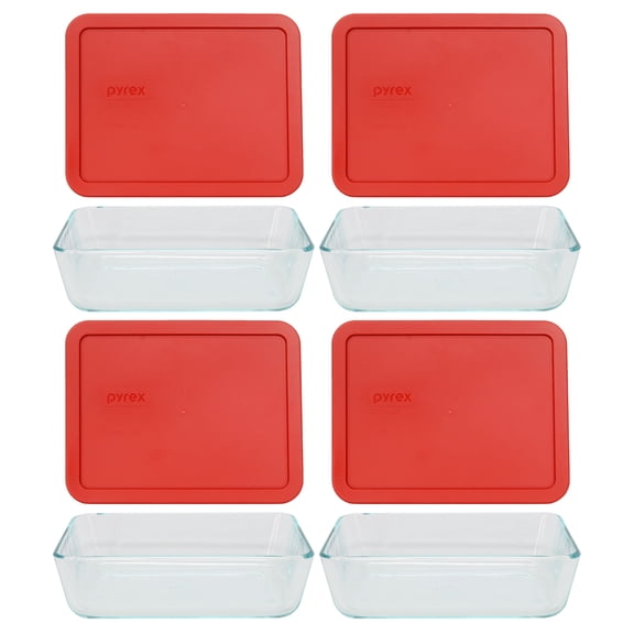 Pyrex 7211 6-Cup Glass Bowls & 7211-PC Poppy Red Lids (4-Pack) - Made in USA