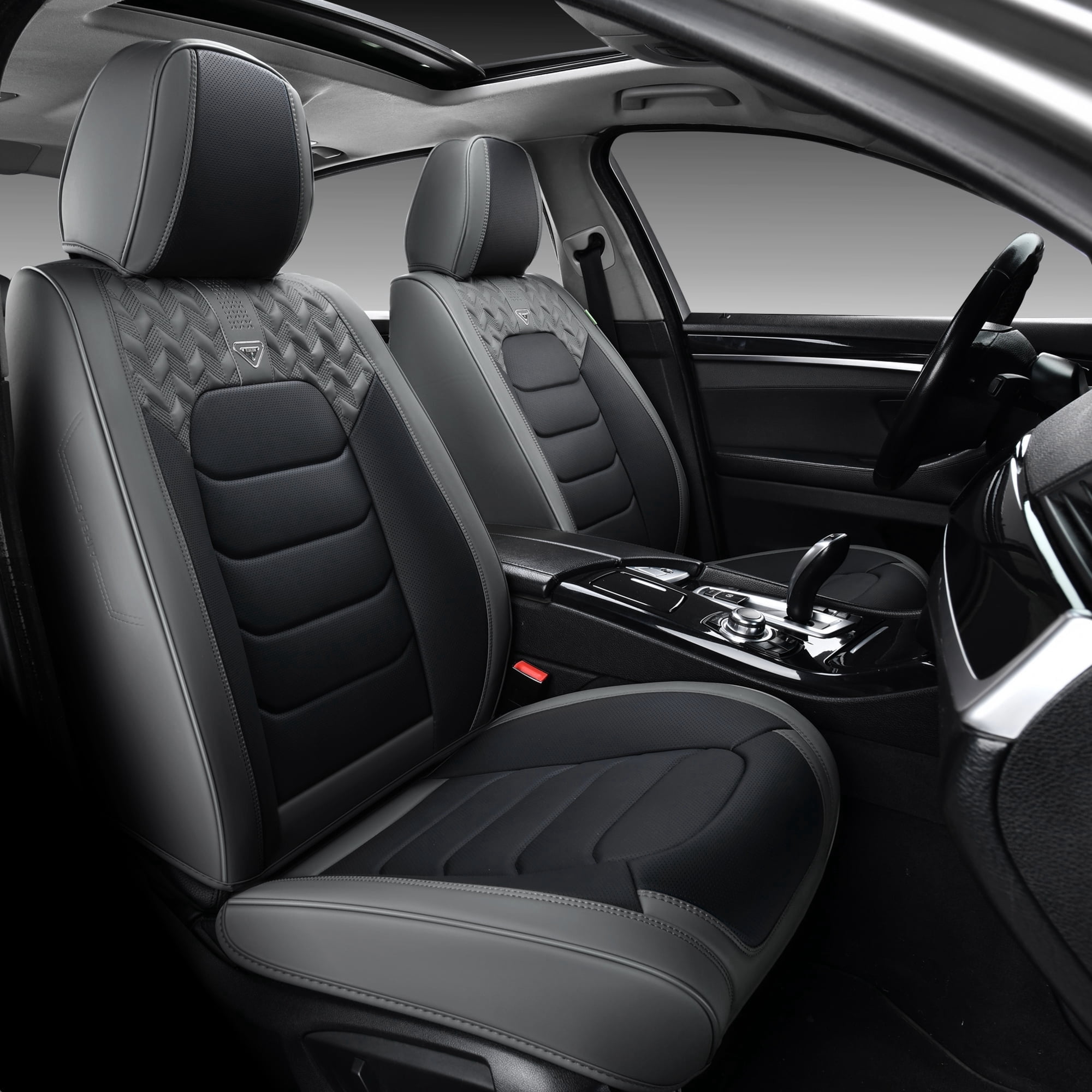 FLORICH Full Set Car Seat Covers, Waterproof Faux Leather Seat Protectors, Comfortable Auto Interior Cushions Fit for Most Cars SUV Trucks, Black & Gray
