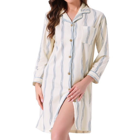 DARING DIVA Women's Striped Button Down Long Sleeve Pajama Dress S Light Blue Stripe