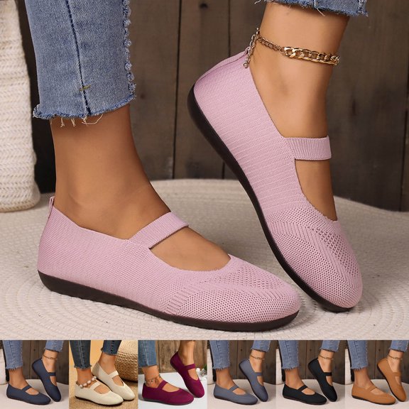 Pandaie Women's Knit Ballet Flats Comfortable Slip on Round Toe Casual Shoes with Elastic Strap & Non Slip Sole for Walking Driving Dressy Black 6.5