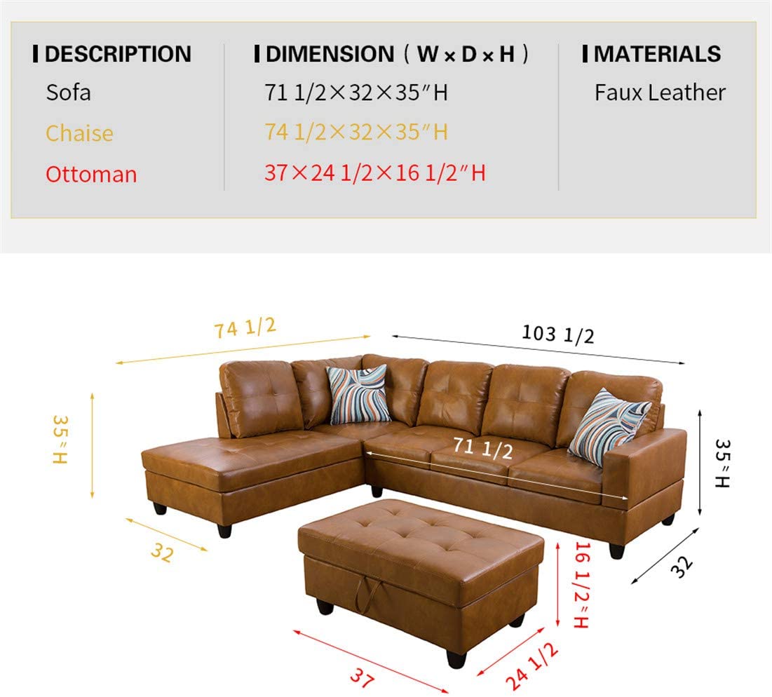 Ainehome Furniture Faux Leather Sectional Sofa Set, L Shape Living Room Couch Set (Left Hand Facing, Ginger)