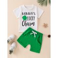 thumbnail image 2 of Toddler Girl Boy 2 Piece Summer Outfits Clover Letter Print Short Sleeve Shirt and Elastic Shorts Set, 2 of 9