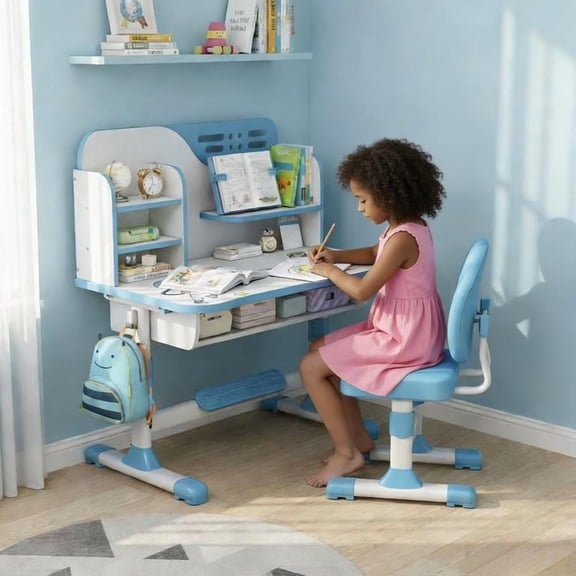 YNCE Kids Desk and Chair Set,Adjustable Girls School Writing Study Table,Ergonomic Desk Chair with Large Writing Board Pull Out Drawer Book Stand