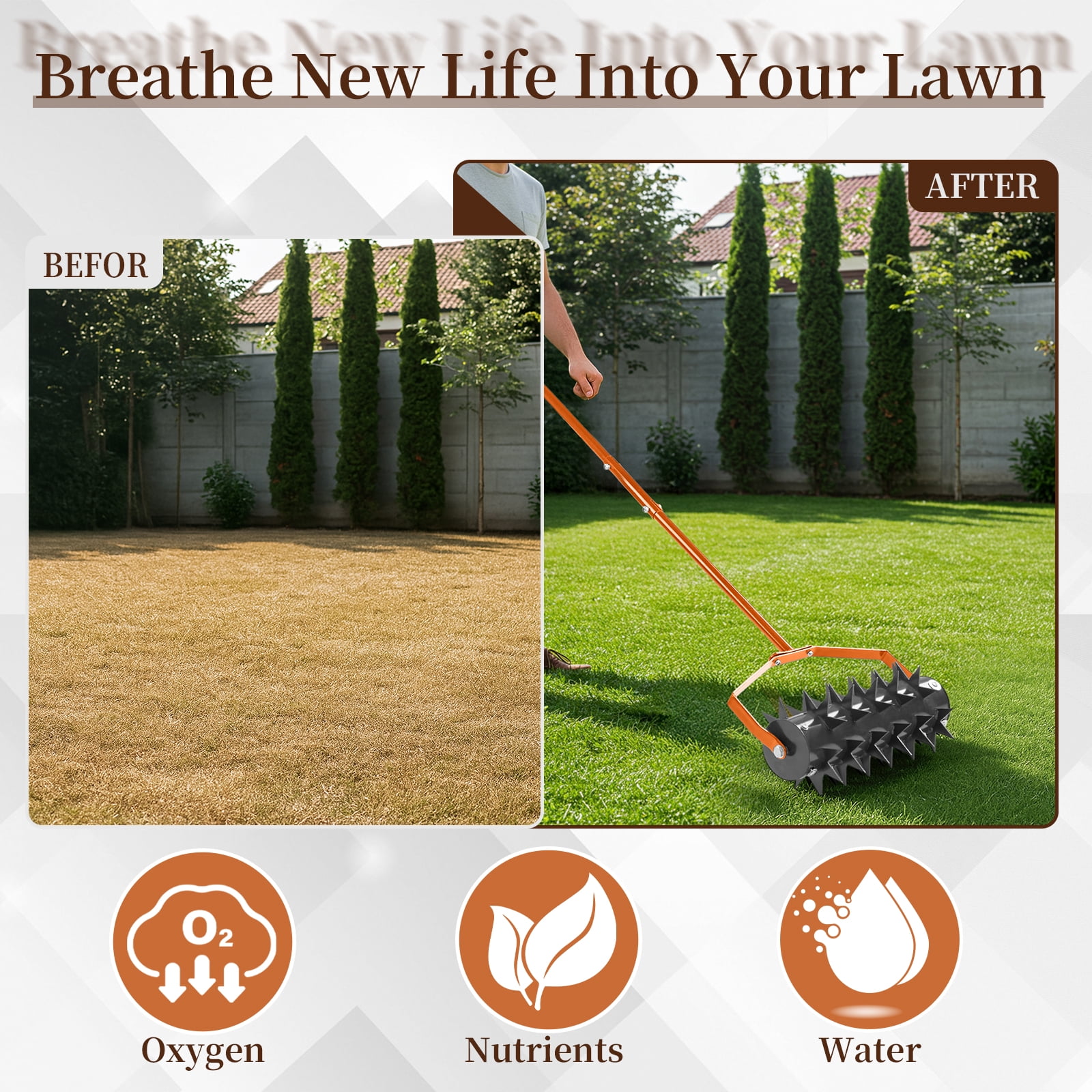 Zimtown 18" Heavy Duty Lawn Aerator, Fillable Drum & Double Spikes, Rubber Handle for Small Yards, Black Orange