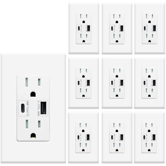 Micmi USB Outlet with C + A Wall Dual High Speed Receptacle Smart 4.8A Fast Charging Capability,15Amp 125Volt, Tamper Resistant Wall Plate Included (10Pack, White, 1