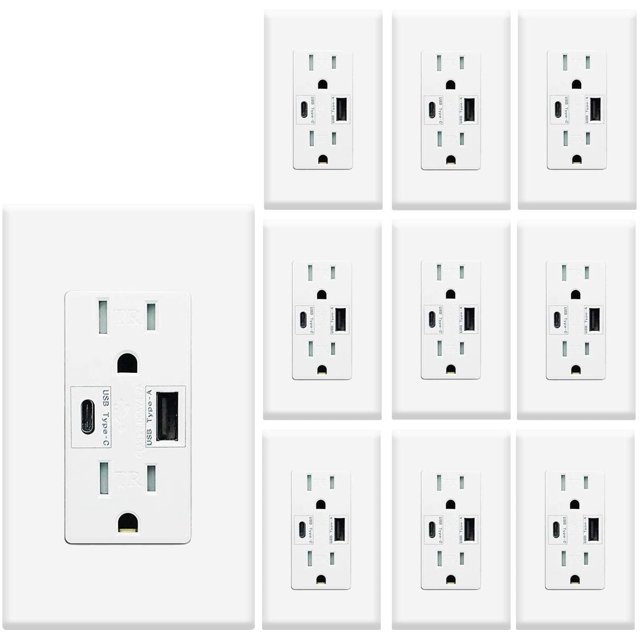 Micmi Prise USB avec Réceptacle Mural Double Haute Vitesse Intelligent 4.8A Charge Rapide, 15Amp 125Volts, Plaque Murale Résistante au Tassage Incluse (Lot de 10, Blanc, 1