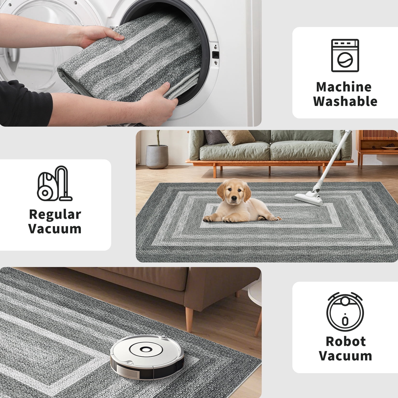 HOMERRY Washable Throw Rug for Living Room 6' x 9' Braided Print Modern Bordered Soft Non-Slip Indoor Carpet, Gray