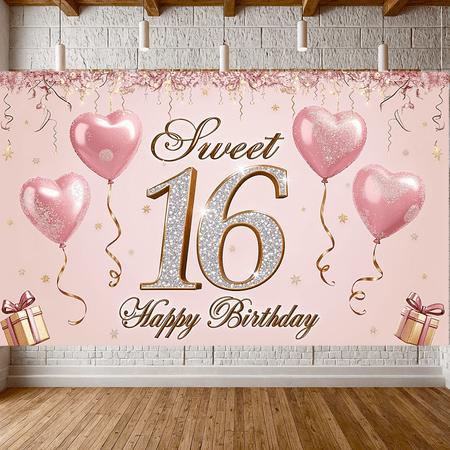 Decorative Pink Balloon Banner Glitter Sweet 16 Event Banner for Birthday Party Celebration Indoor Decoration Photo Prop