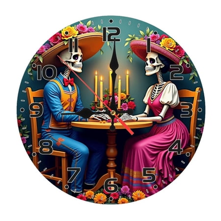 Skeleton Mexican Wall Clock 10 Inch Silent Non Ticking Round Clock Decoration for Living Room Kitchen Bedroom Bathroom Office Classroom