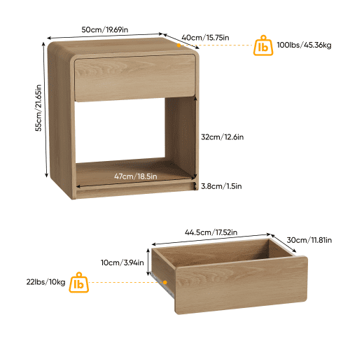 2-Piece Nightstand Set, Oak Finish Bedside Table with Storage Drawer & Open Shelf, Compact Rounded-Corner Side Table for Bedroom and Living Room
