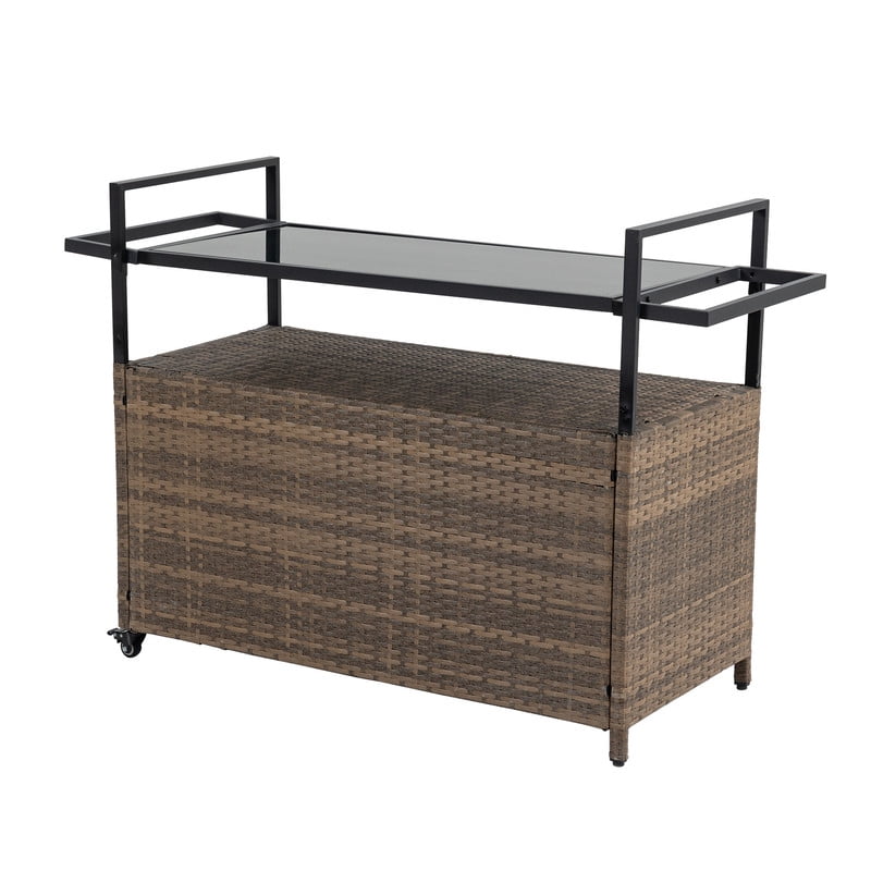 Aukfa Outdoor Wicker Island Rolling Bar Cart with Glass Top for Patio Backyard Garden, Brown