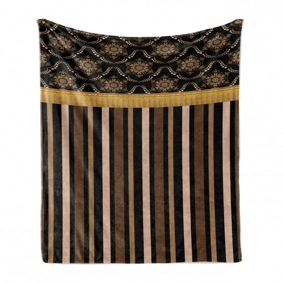 Victorian Style Soft Flannel Fleece Throw Blanket, Vintage Design with Earth Tone Stripes and Damask Pattern, Cozy Plush for Indoor and Outdoor Use, 70" x 90", Charcoal Grey and White, by Ambesonne