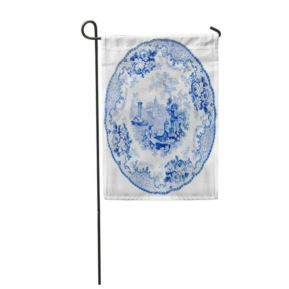 POGLIP Staffordshire Blue White Pearlware Plate Early Victorian Transfer of Italian Garden Flag Decorative Flag House Banner 12x18 inch