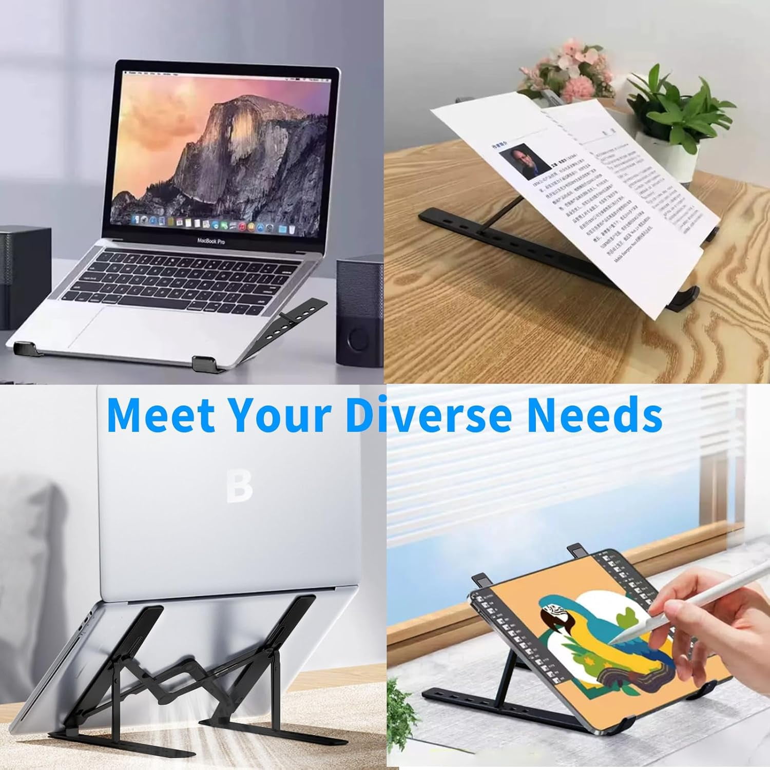 Laptop Stand for Desk, Ergonomic Design Adjustable Aluminum Foldable Portable Computer Stand, Compatible with MacBook Air Pro, HP, Lenovo, Dell, More 10-15.6”Inch and Tablets (Silver)