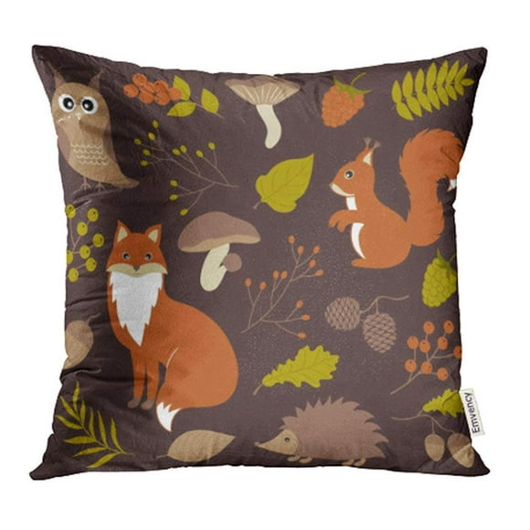 BSDHOME Brown Acorn Woodland Animals Green Autumn Berry Bird Branch Cartoon Clip Collection Pillowcase Cushion Cases 16x16 inch