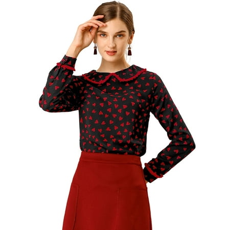 Women's Peter Pan Collar Ruffle Long Sleeve Sweet Blouse L Black