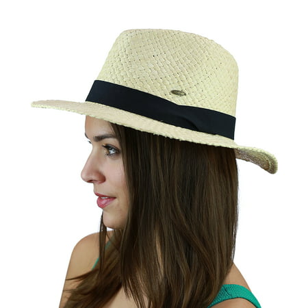 C.C Women's Raffia Straw Weaved Panama Sun Hat with Ribbon Trim, Lt