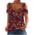 thumbnail image 2 of Fiudx Tops para Mujer Blusas Plegables con Cuello En V para Mujer, Camisas con Hombros Descubiertos, Top de Manga Corta Estampado, 2 of 5