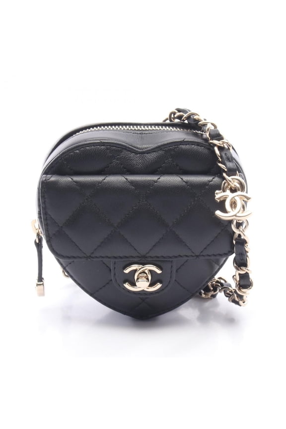 Pre-Owned CHANEL Heart Chain Clutch Bag, Matelasse Shoulder Leather, Women's, Black,...