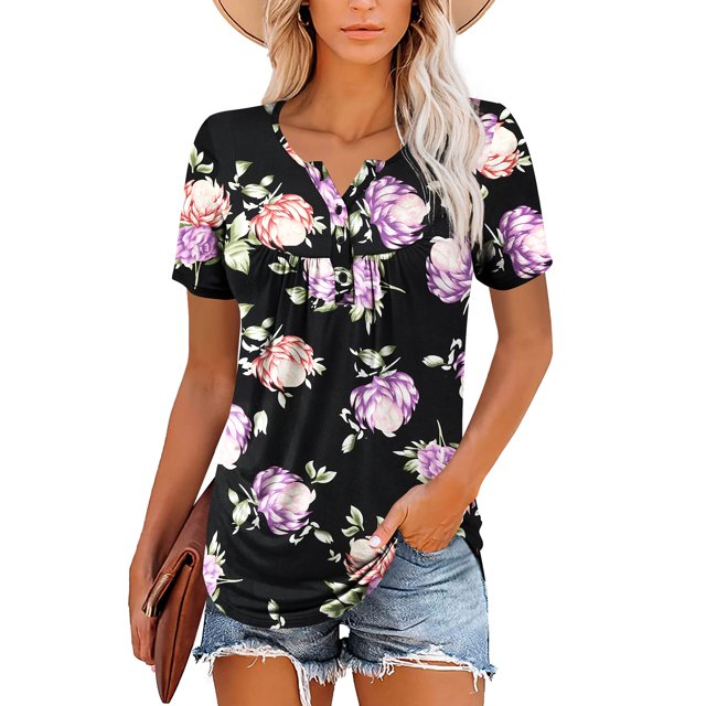 Traleubie Womens Plus Size Tunic Tops Short Sleeve Casual Floral Henley