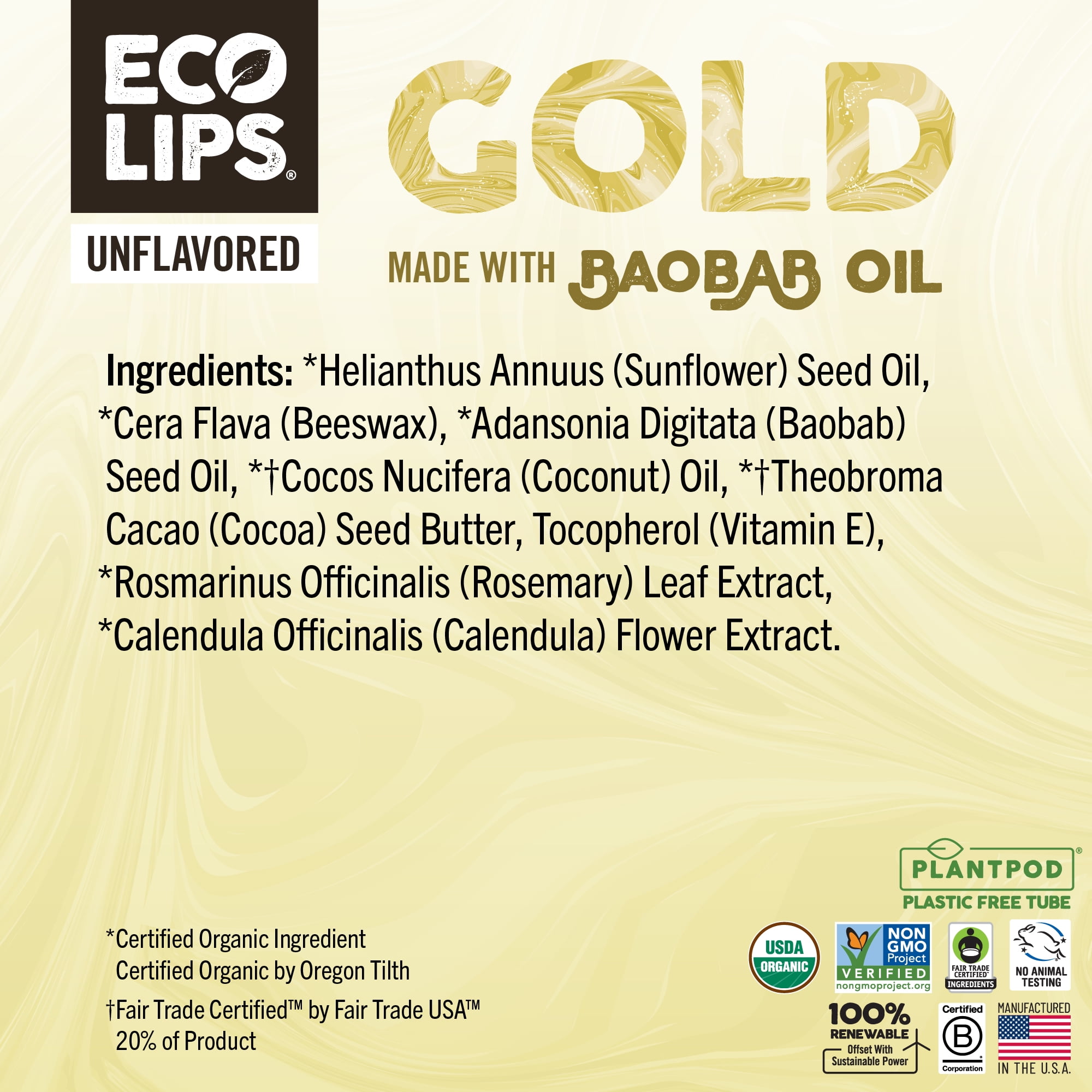 Organic Baobab Gold Plant Pod Organic Lip Balm, 6 Pack
