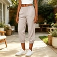 thumbnail image 6 of LEKODE 2026 Women's Cotton Linen Jogger Capri Pants Elastic Waist Cropped Tapered Leg Casual Lounge Beach Trousers Beige 2XL, 6 of 9