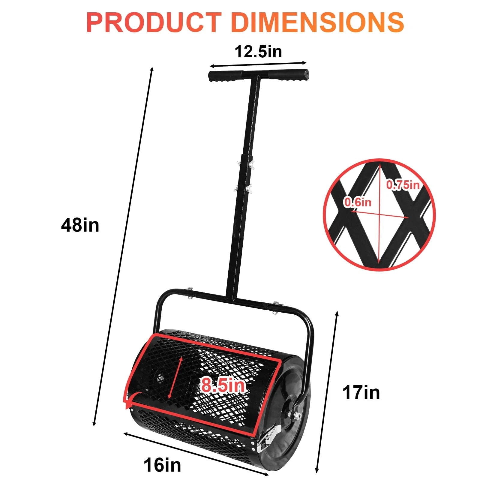Makeatree 16 inch Compost Spreader and Peat Moss Spreader,  Lawn Roller Spreader with Height Adjustable T Shaped Handle, Steel Mesh Basket Garden for Spreading Manure Topsoil