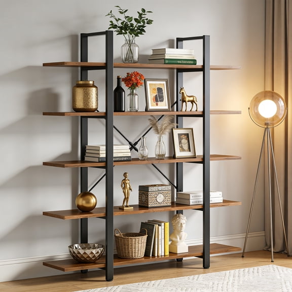 KIOOTTO Wide Rustic Brown Bookcase, 70" x 47" 5-Tier Vintage Industrial Shelf for Large Living Room, Home Library, Office