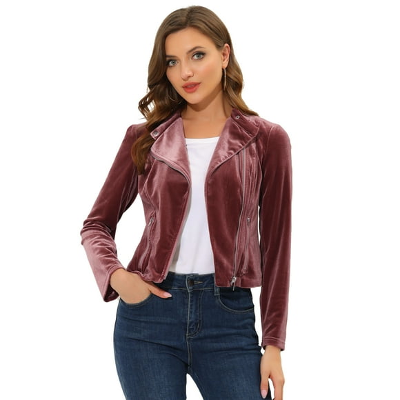 Unique Bargains Women's Biker Cropped Zipper Long-Sleeve Velvet Jacket Pink XS