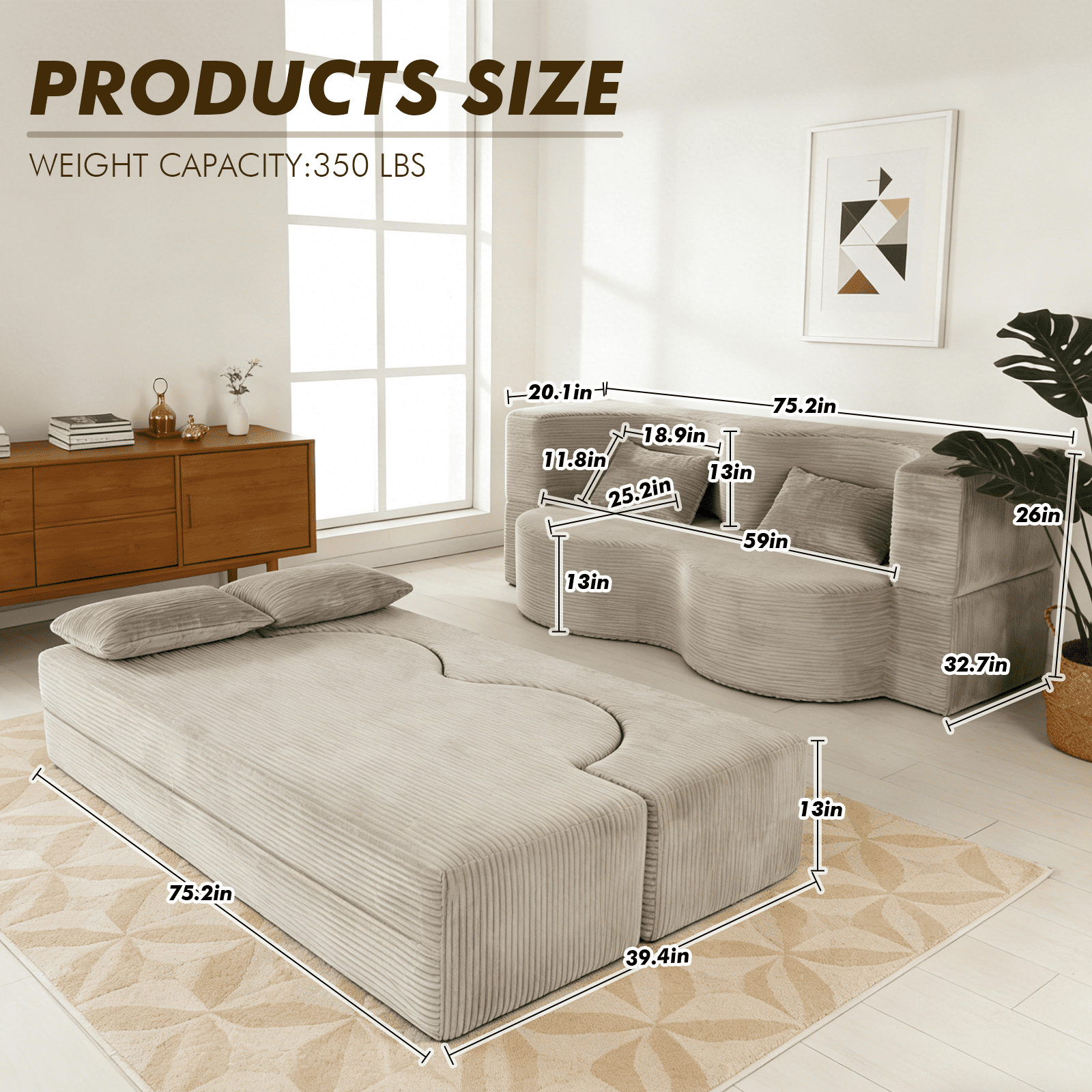 MOONMISS 75'' Folding Boneless Couch, 2-in-1 Sleeper Sofa Bed with Memory Foam, Foldable Sofa with 2 Pillows Living Room, Apartment No Assembly,Grey