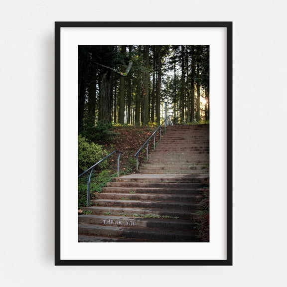 Gratitude Steps - Portland Oregon Photography Forest Nature Quote Woodland Autumn Scenic Black Framed Wall Art Print 12 x 18 inches