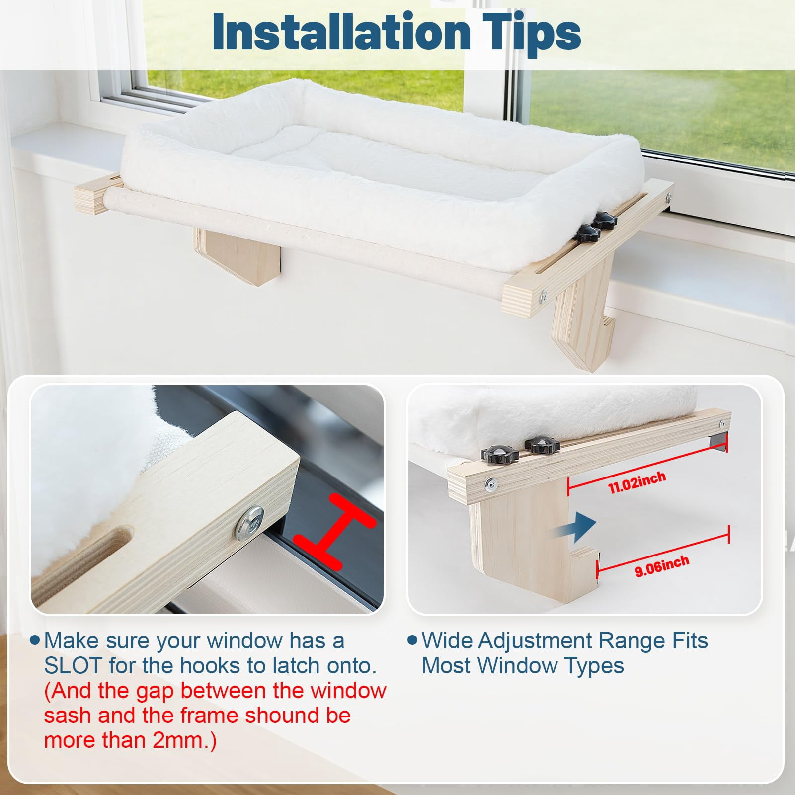Cat Sill Window Perch - Pine Frame  Soft Rabbit Cushion Tool-free Adjustment Supports 50 Lbs (large-white)