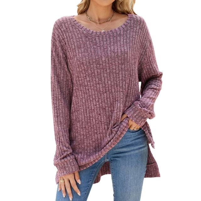 GigrtiJin Women's Knit Ribbed Sweaters Blouses Long Sleeve Round-Neck Side Slit Shirts Solid Color Casual Basic Tops