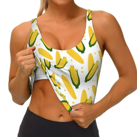 Qokaie Corn On The Cob Pattern Womens Scoop Neck Sports Bra Breathable Workout Vest Padded U Back Medium Impact Fitness Gym Yoga Bra Workout Crop Top