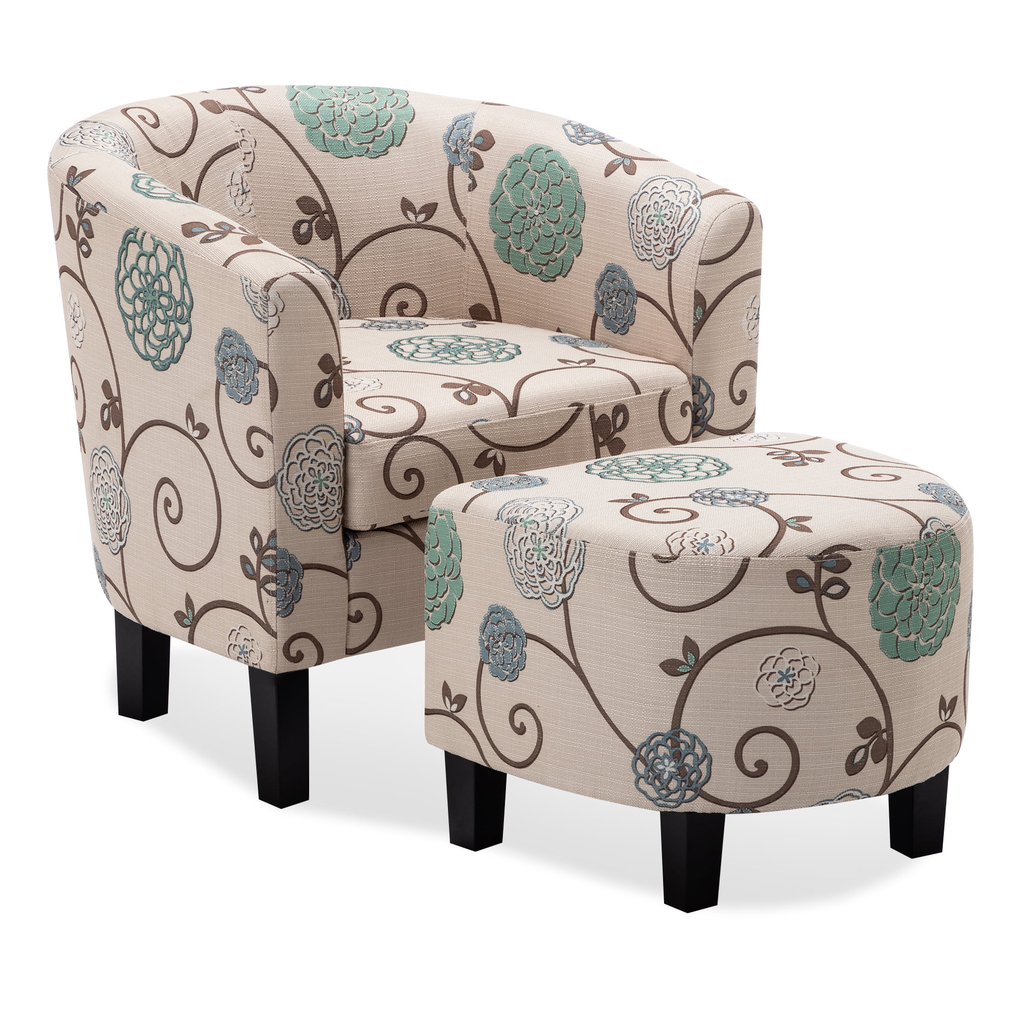 BELLEZE Upholstered Modern Barrel Accent Tub Chair With Ottoman Foot