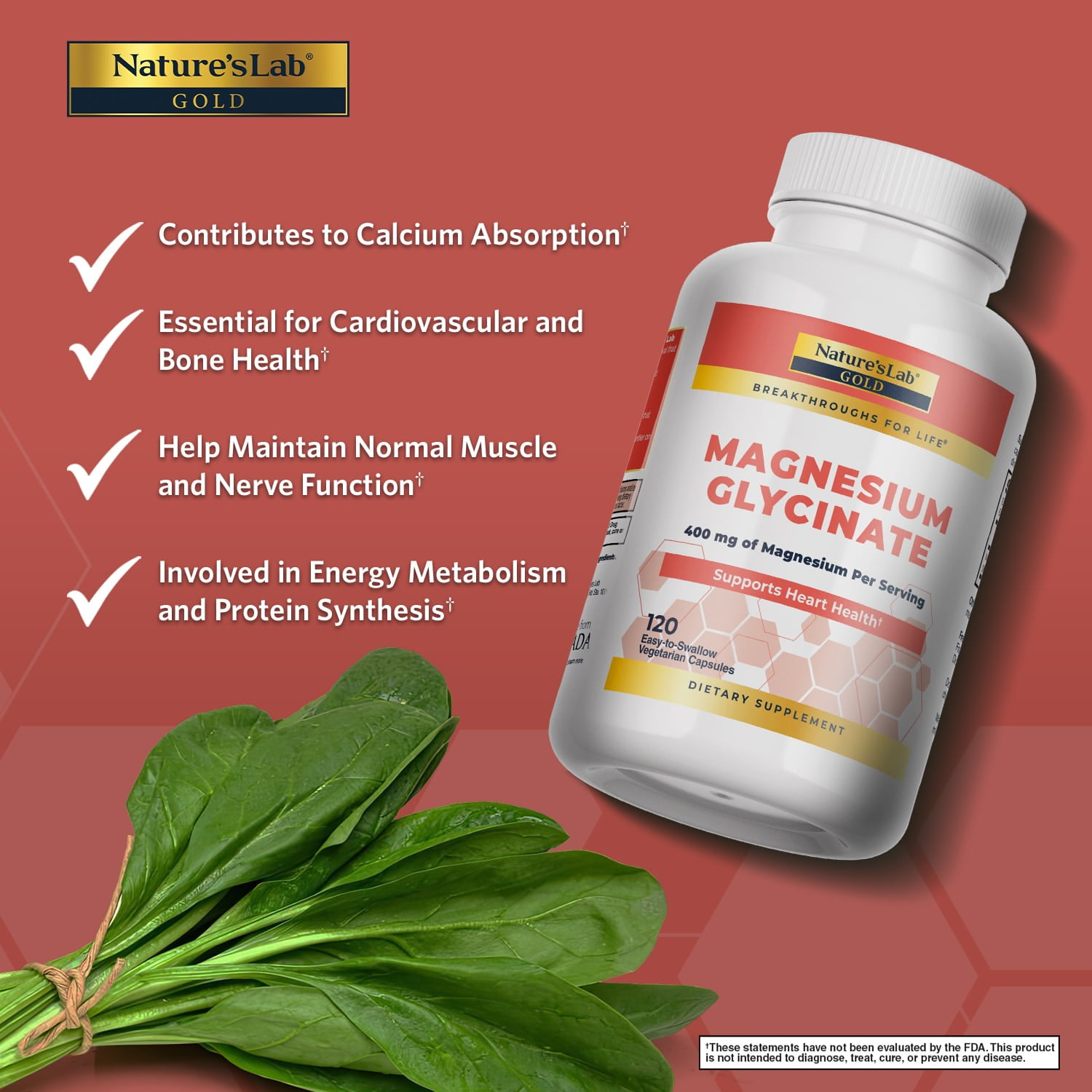Nature`s Lab Gold Magnesium Glycinate 400mg - 120 Capsules (30 Day Supply) - Supports Cardiovascular Health, Muscle & Nerve Function*