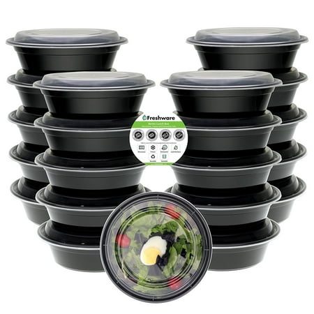 Freshware 30-Pack Round Bento Lunch Boxes with Lids - Stackable Reusable Microwave Dishwasher & Freezer Safe - Meal Prep Portion Control 21 Day Fix & Food Storage Containers (28oz),