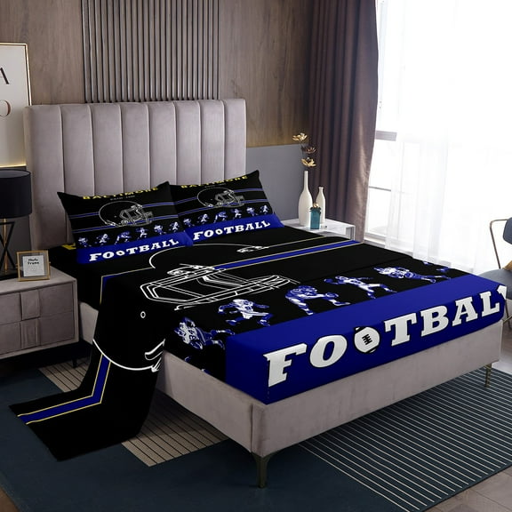 Erosebridal Football Bed Sheets Set,American Football Sheet Set Queen,Black Blue Yellow Sports Sheets,Rugby City Team Flat Fitted Sheet with 2 Pillowcases(Baltimore)