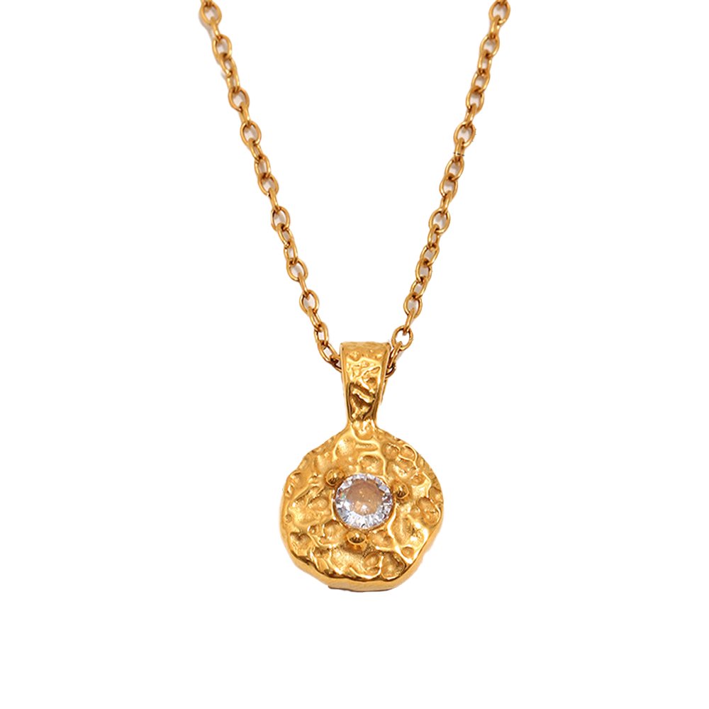 PAMTIER Women's Stainless Steel Gold Plated Vintage Minimalist 12 Months Birthstone Pendant Necklace Hammered Texture Irregular Round Disc Charm Lucky Blessing Memorial Jewelry April‌