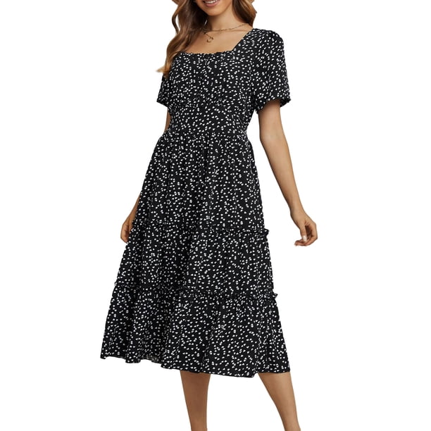 VISgogo Vestido de manga corta para mujer, vestido holgado con cintura elástica y cuello cuadrado con estampado de corazón pequeño, ropa informal simple de una pieza VISgogo moda