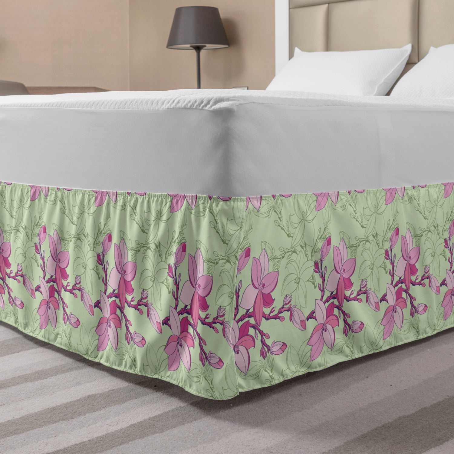 Floral Bed Skirt, Illustration of Outline and Pinkish Designed Flowers