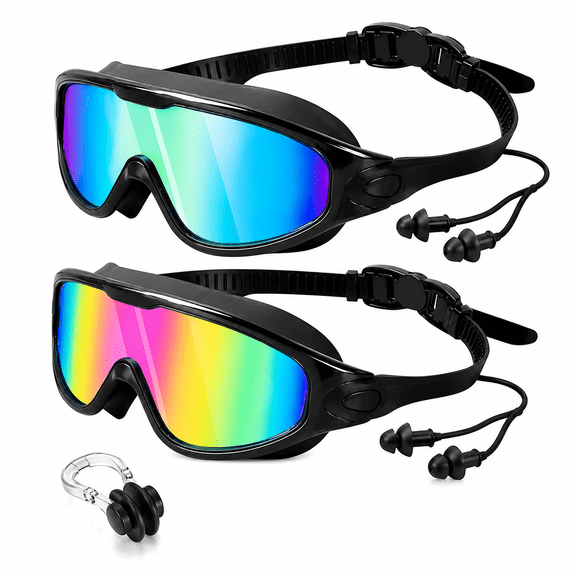 2 Pack Swim Goggles for Adults, Anti-Fog UV Swimming Goggles with Mirrored Lens, Adjustable Strap, Earplugs and Nose Clip