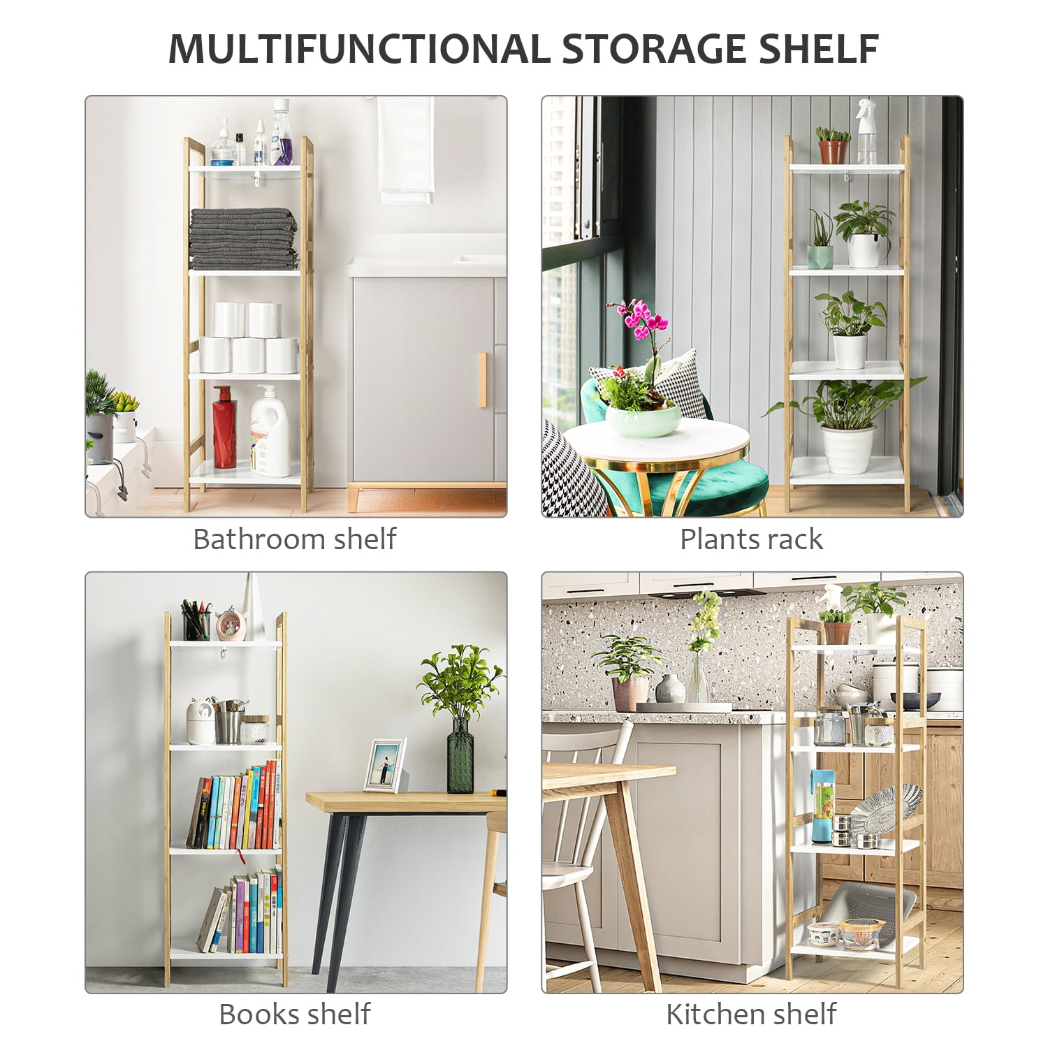 Kepooman 4 Tier Open Floor Shelves, Kitchen Floor Shelf for Living Room, Free Standing Rack Organization for Bedroom, White Kepooman 4 Tier Open Floor Shelves, Kitchen Floor Shelf for Living Room, Free Standing Rack Organization for Bedroom, White