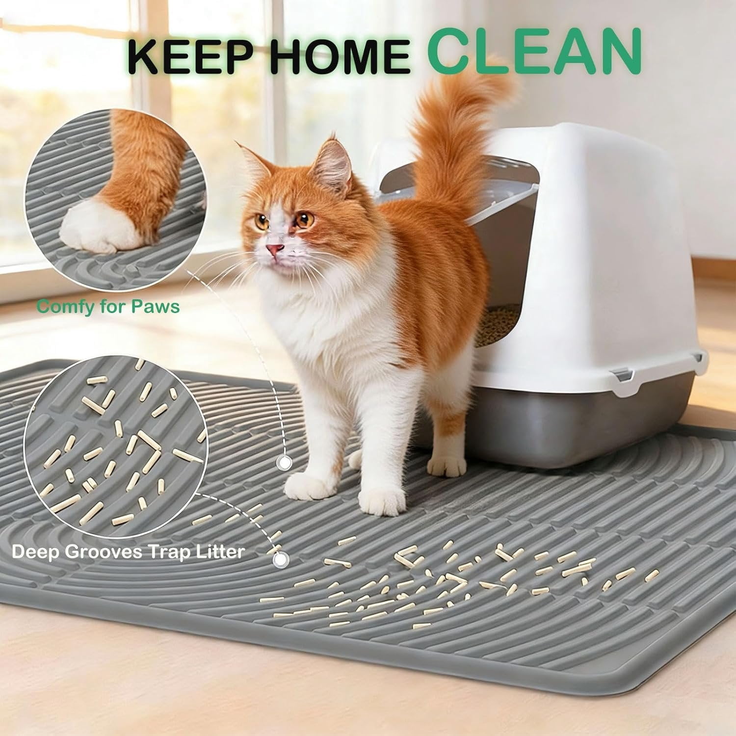 Litter Mat for Litter Box, 40x28 Inch   Litter Trapping Mat,  & Non-Slip Floor Protector, Soft  Kitty Paws, Easy to Clean & Durable, Gray